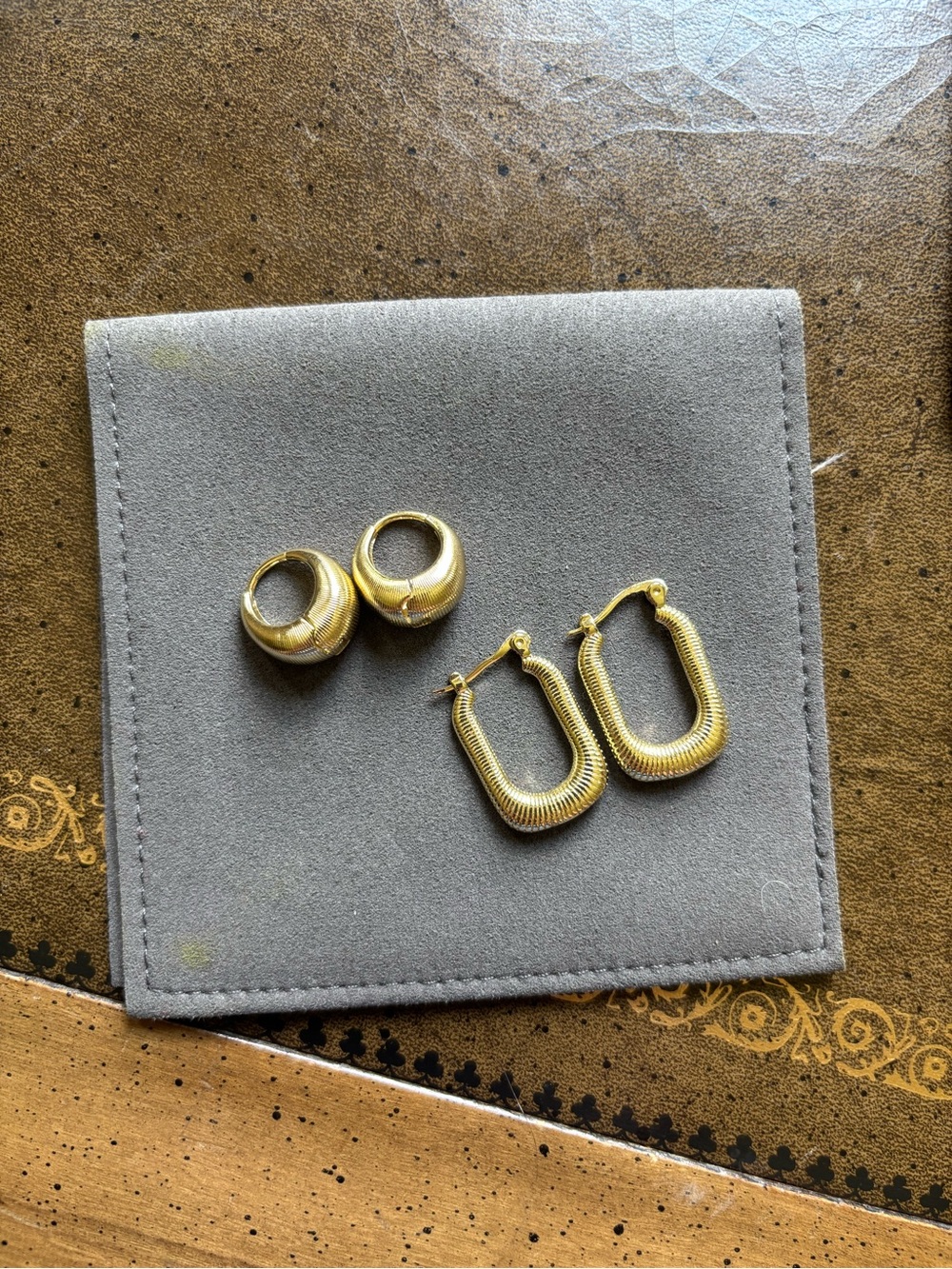 Gold herringbone Huggie and Rectangular Hoop Earring Set